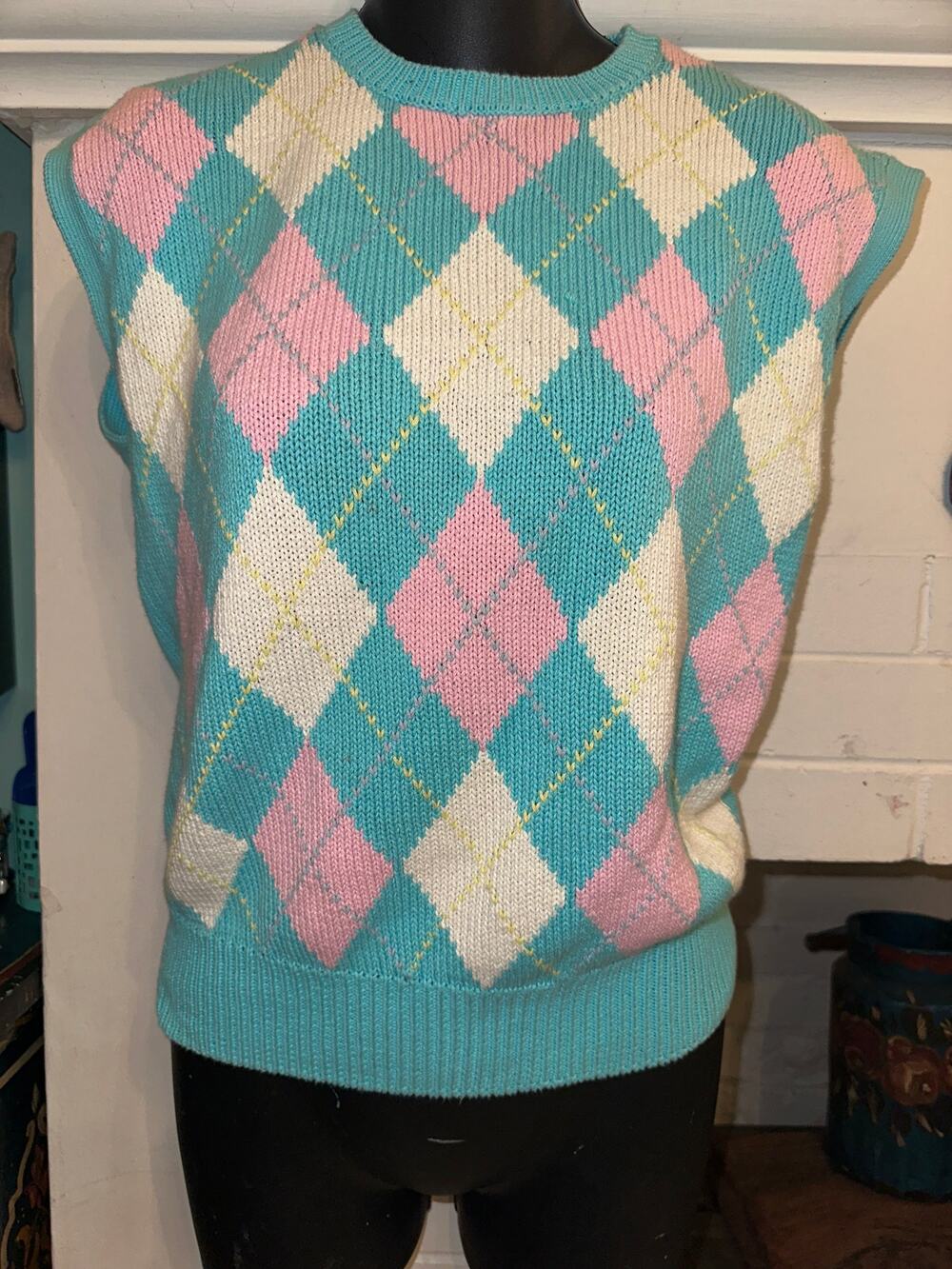 VINTAGE 80'S TURQUOISE & PINK COTTON ARGYLE VEST CAMBRIDGE DRY GOODS